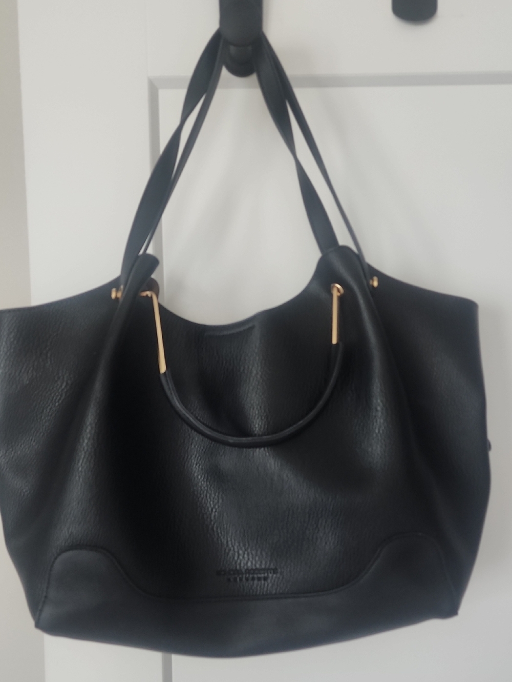Sondra Roberts Black and Gold Tote with Modern Design Pebble Leather Detachable
